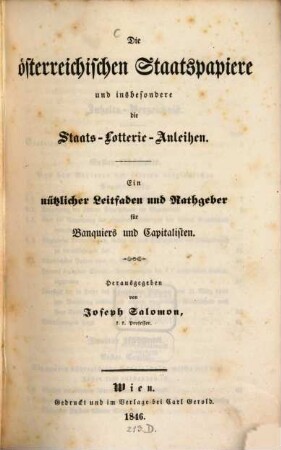 Die österreichischen Staatspapiere und insbesondere die Staats-Lotterie-Anleihen