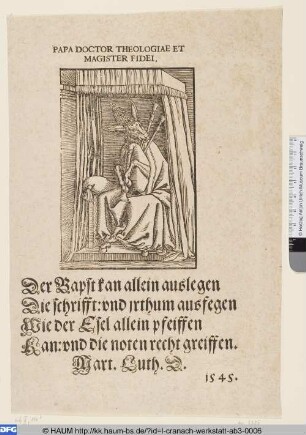 Ein Esel mit Papstkrone bläst den Dudelsack