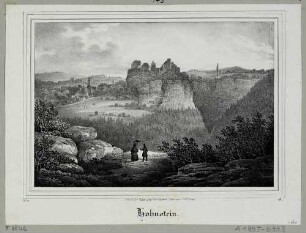 Burg und Stadt Hohnstein in der Sächsischen Schweiz, Blick vom Hockstein aus, Blatt aus der Zeitschrift Saxonia um 1840