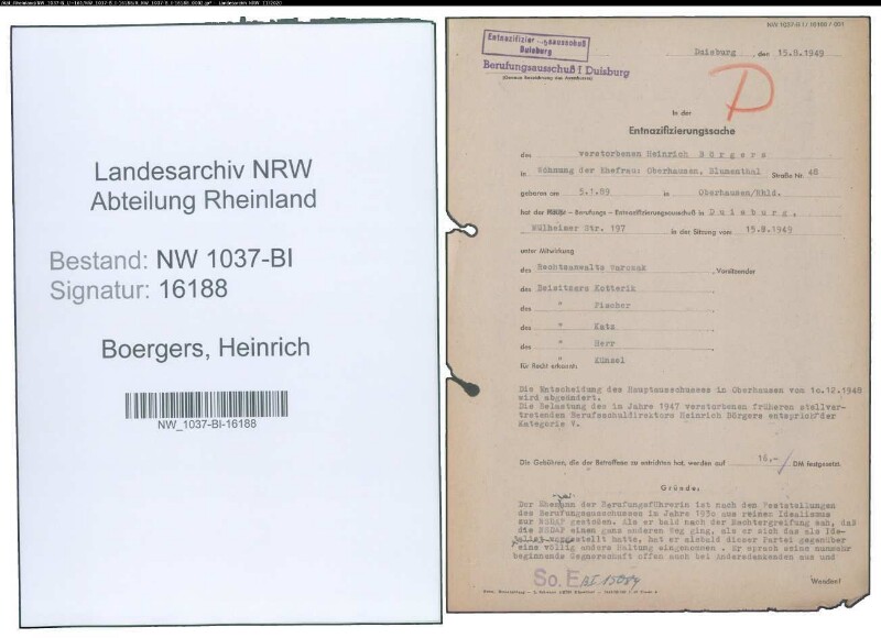 Entnazifizierung Heinrich Boergers , geb. 05.01.1889 ()