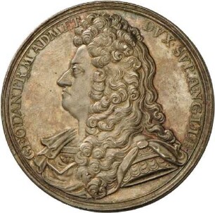 Medaille von John Croker auf die Ernennung Prinz Georgs von Dänemark zum Lord-Großadmiral am 21. Mai 1702