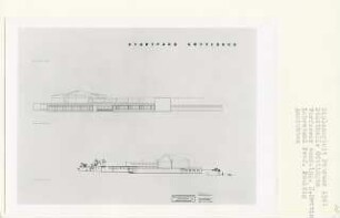 Stadthalle, Göttingen-Oststadt (Diplomarbeit bei Peter Poelzig): Ansichten von Westen und Norden 1:200