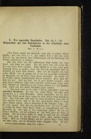 ¬Der¬ ungerechte Haushalter. Luc. 16, 1-12 : Präparation auf eine Katechisation in der Oberklasse einer Landschule
