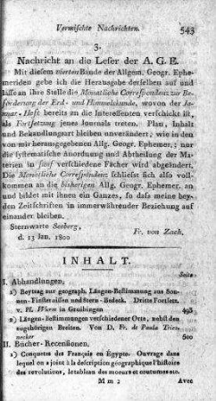 Nachricht an die Leser der A. G. E. / Fr. von Zach