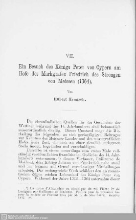 VII. Ein Besuch des Königs Peter von Cypern am Hofe des Markgrafen Friedrich des Strengen von Meissen (1364)