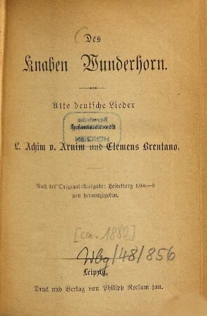 Des Knaben Wunderhorn : alte deutsche Lieder