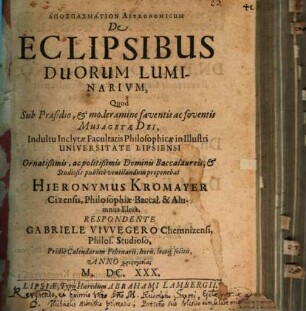 Apospasmation astronomicum de eclipsibus duorum luminarium