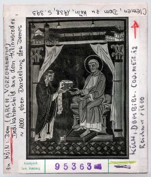 Köln: Dom, Dedikationsbild aus dem Hillinuscodex, oben Darstellung des Domes