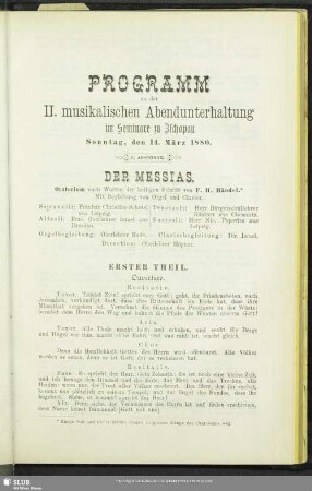 Programm zu der II. musikalischen Abendunterhaltung im Seminare zu Zschopau Sonntag, den 14. März 1880