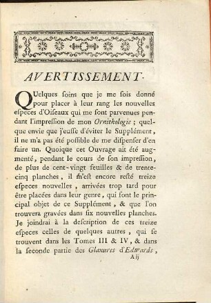 Ornithologie Ou Méthode Contenant La Division Des Oiseaux En Ordres, Sections, Genres, Especes & leurs Variétés : A Laquelle On A Joint Une Description exacte de chaque Espece, avec les Citations des Auteurs qui en ont traité ..., [7]. Supplementum Ornithologiae