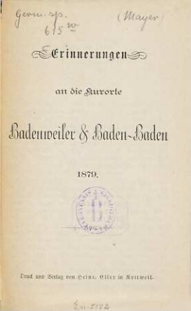 Erinnerungen an die Kurorte Badenweiler & Baden-Baden 1879