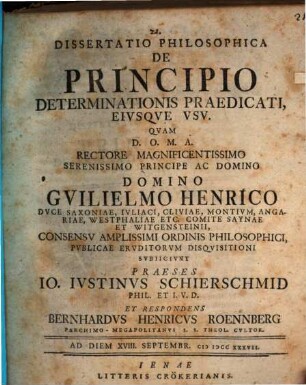 Dissertatio philosophica de principio determinationis praedicati, eiusque usu