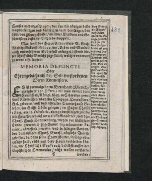 Memoria Defuncti. Oder Ehrengedächtniß deß Sel: verstorbenen Herrn Rittmeisters