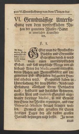 VI. Grundmässige Untersuchung von dem vortrefflichen Nutzen der gemeinen Wasser-Bäder in innerlichen Kranckheiten