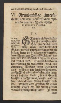 VI. Grundmässige Untersuchung von dem vortrefflichen Nutzen der gemeinen Wasser-Bäder in innerlichen Kranckheiten