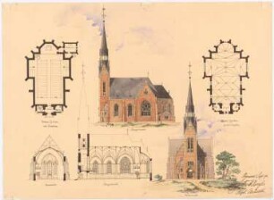 Unzugeordnete Sakralbauten: Grundrisse, Ansichten und Schnitte einer Kirche (1:200)