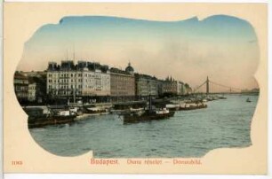 Budapest. Donaubild mit Dampfschiffen gegen Elisabethbrücke