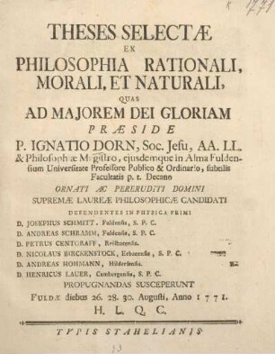 Theses selectae ex philosophia rationali, morali, et naturali
