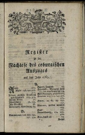 Register zu der Nachlese des coburgischen Auszuges auf das Jahr 1763.