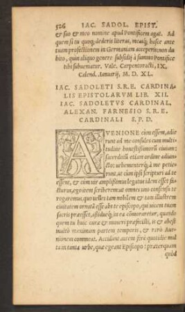 Iac. Sadoleti S. R. E. Cardinalis Epistolarum Lib. XII.