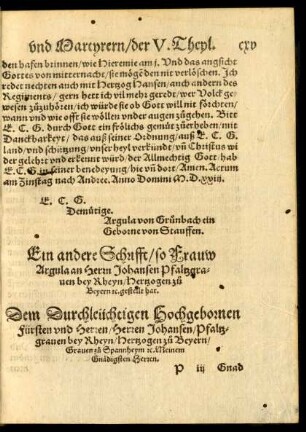 Ein andere Schrifft ... an Herrn Johansen Pfaltzgraven bey Rheyn ...