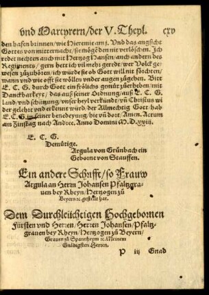 Ein andere Schrifft ... an Herrn Johansen Pfaltzgraven bey Rheyn ...