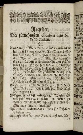 Register/ Der fürnehmsten Sachen aus den Lehr-Sätzen.