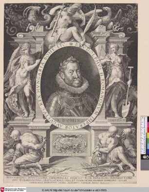 [Rudolph II., Brustbild im Oval, mit allegorischen Figuren und anderem Beiwerk umgeben]