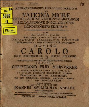 Animadversiones philol. crit. ad vaticinia Michae