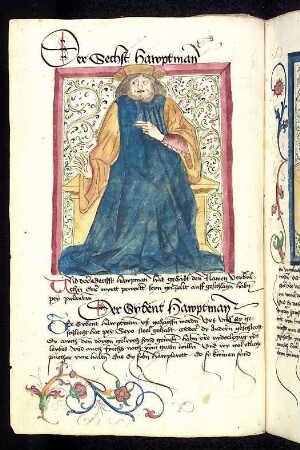 Thronender ungarischer Herrscher: Der sechste Hauptmann; von Rankenwerk umgeben.
