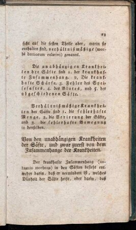 Von den unabhängigen Krankheiten der Säfte, und zwar zuerst von dem Zusammenhange der Krankheiten.