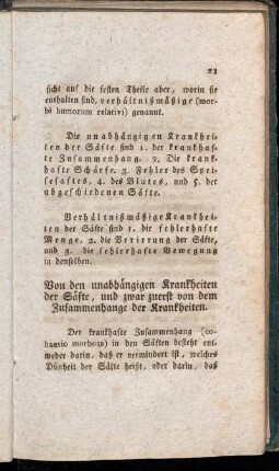 Von den unabhängigen Krankheiten der Säfte, und zwar zuerst von dem Zusammenhange der Krankheiten.
