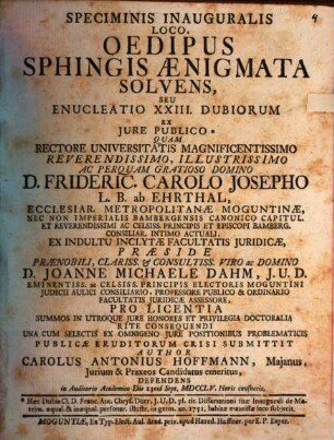 Speciminis Inauguralis Loco, Oedipus Sphingis Aenigmata Solvens, Seu Enucleatio XXIII. Dubiorum Ex Jure Publico