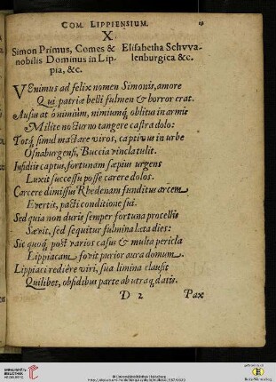 X. Simon Primus, Comes & nobilis Dominus in Lippia, &c. Elisabetha Schvvalenburgica &c.