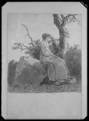 Studie einer sitzenden Frau vor Gebüsch (Melancholie)