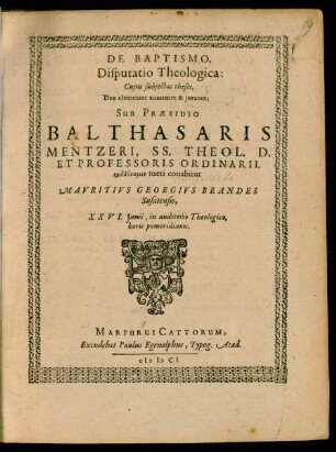 De Baptismo : Disputatio Theologica ...