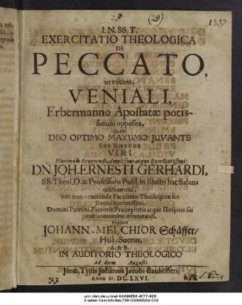 Exercitatio Theologica De Peccato, ut vocant, Veniali, Erbermanno Apostatae potissimum opposita