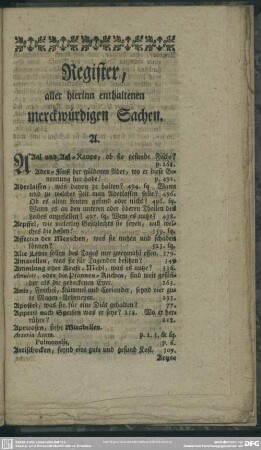 Register, aller hierinn enthaltenen merckwürdigen Sachen