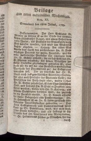 Beilage zum neuen medicinischen Wochenblatt. Nro. XI. Sonnabend den 18ten Julius, 1789.
