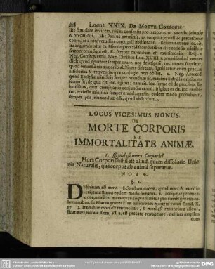 Locus Vicesimus Nonus De Morte Corporis Et Immortalitate Animae