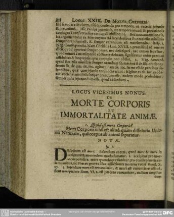 Locus Vicesimus Nonus De Morte Corporis Et Immortalitate Animae