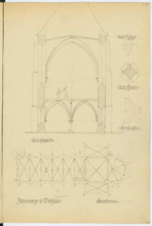 Abtei, Altenberg: Grundriss, Querschnitt, Details (aus: Skizzen- und Fotoalbum 2)