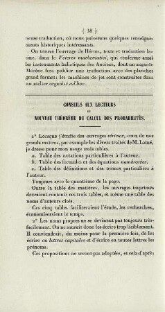 Conseils aux lecteurs et nouveau théorème du calcul des probabilités.