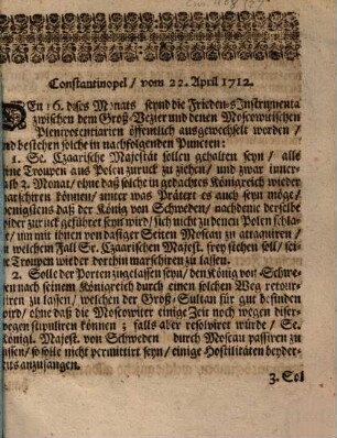Friedens-Instrumenta zwischen dem Groß-Vezier und denen Moscowitischen Plenipotentiarien ... Constantinopel 1712