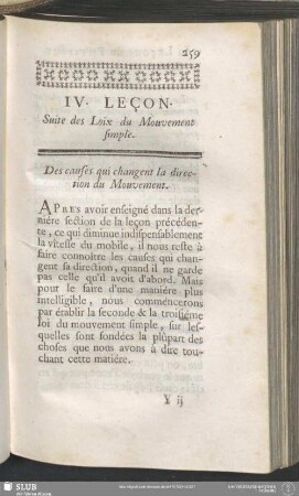 IV. Leçon. Suite des Loix du Mouvement simple