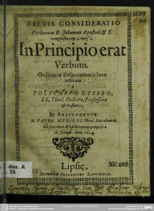 Brevis Consideratio Verborum B. Johannis Apostoli & Evangelistae cap. I. vers. I. In Principio erat Verbum
