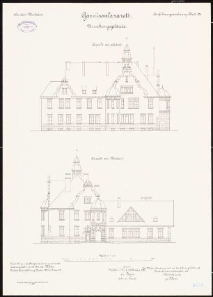 Lazarett der Artilleriekaserne, Wiesbaden: Verwaltungsgebäude: Aufriss Nordostansicht, Südostansicht 1:100