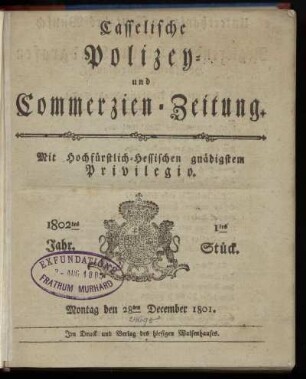 1tes Stueck, Montag den 28ten December 1801 (1802)