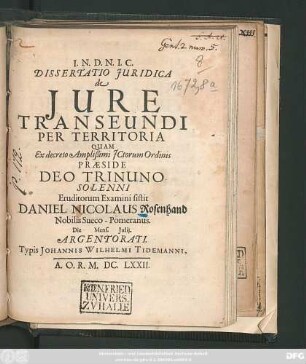 Dissertatio Iuridica de Iure Transeundi Per Territoria