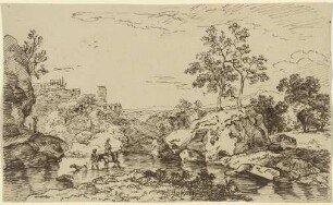 Landschaft mit Reisenden an einer Furt
